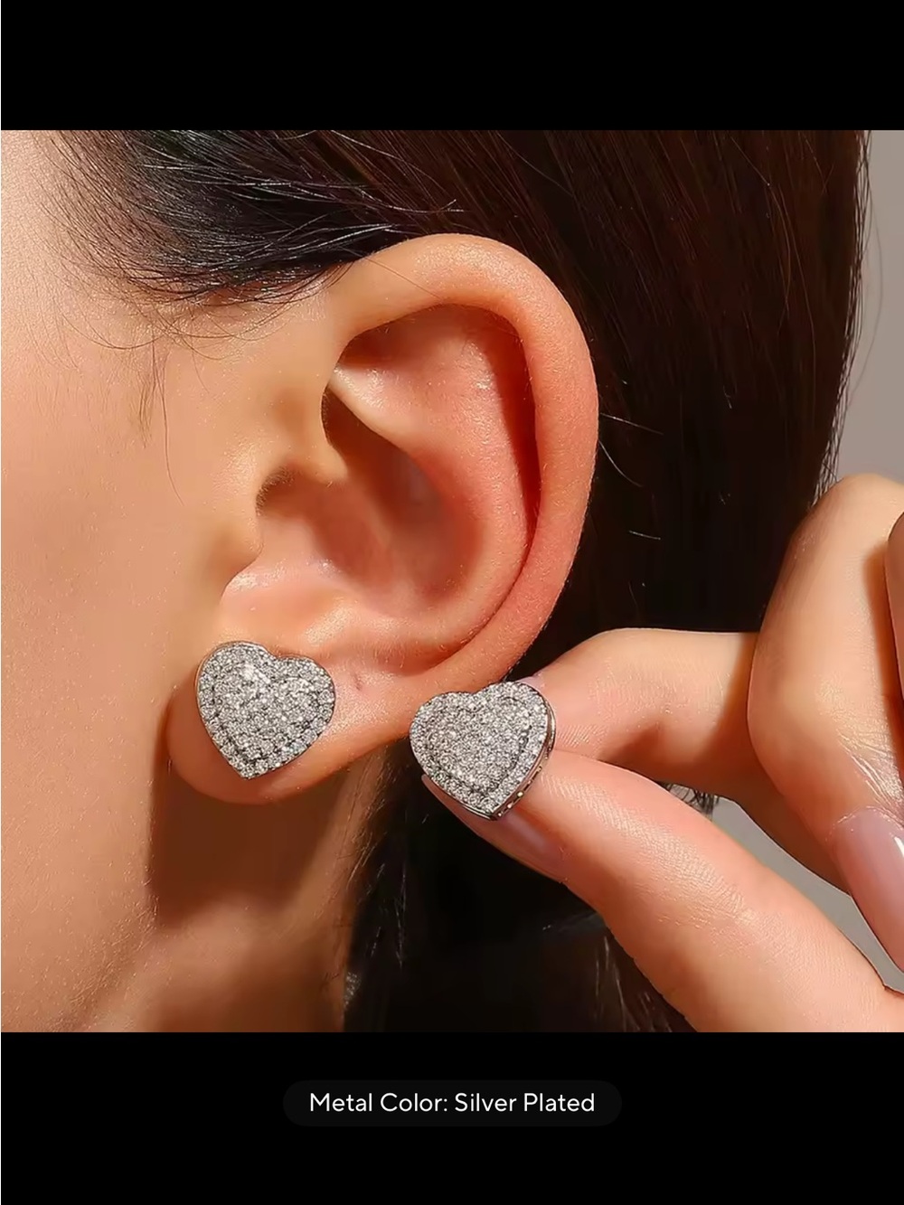 Silver Heart Pavé Stud Earrings - Silver